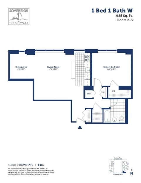 Floor plan for 1 bed, 1 bath, 985 sqft